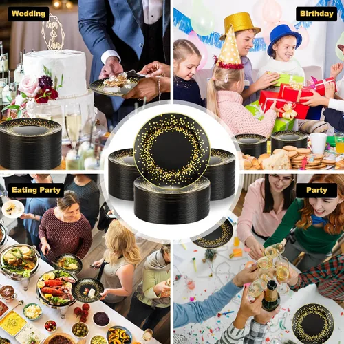 Vista 7 de Hsei 100 platos de plástico negros y dorados a granel desechables para Halloween, platos redondos de postre para cenas, bodas, cumpleaños, Navidad