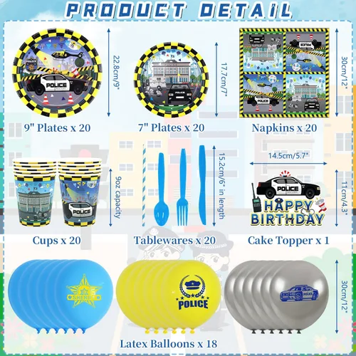 Vista 2 de KEFAN Decoraciones de fiesta de cumpleaños de policía, suministros de vajilla para fiestas temáticas de policía, incluyendo telón de fondo de feliz