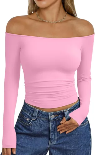 Vista 7 de Trendy Queen Camisetas básicas sexy para mujer con hombros descubiertos Azul
