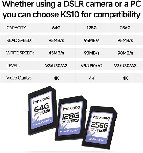 Vista 6 de fanxiang Tarjeta de memoria SDXC de 64 GB, UHS-I, C10, U3, V30, video Full HD y 4K, hasta 100/45 MB/s de lectura/escritura, para entusiastas