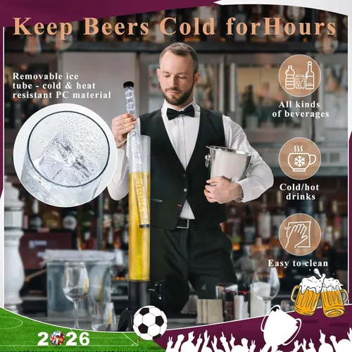 Vista 6 de Torre de bebidas, dispensador de torre de mimosa de 3 litros con tubo de hielo y luz LED, dispensador de cerveza de mesa de 3.17 cuartos de galón