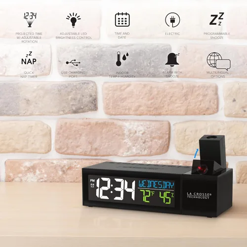 Vista 5 de La Crosse Technology 616-1950-INT Reloj despertador con proyector emergente de barra y puerto de carga USB