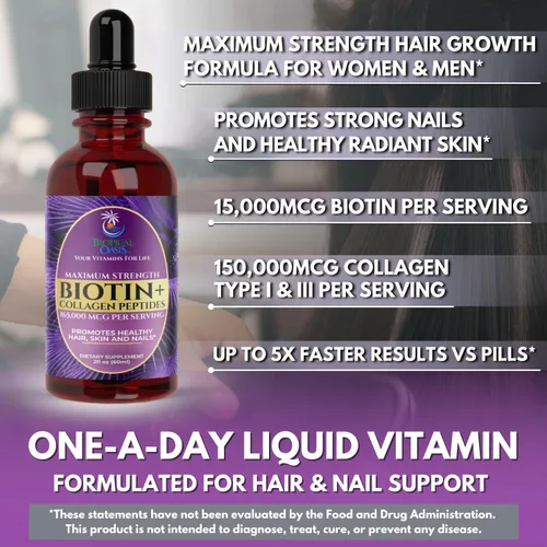 Vista 4 de Gotas de biotina líquida y colágeno de máxima potencia, 165,000 mcg, vitaminas para el crecimiento del cabello para mujeres y hombres, apoya un