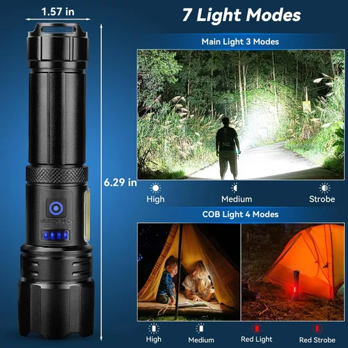 Vista 7 de Sigoobal Linterna LED recargable de alto lúmenes, 99,000 LM, linterna potente súper brillante, luces de flash de alta potencia, linternas de mano