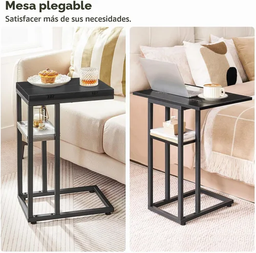 Vista 7 de HOOBRO Mesa auxiliar plegable, mesa lateral en forma de C con estante de almacenamiento, pequeña mesa de aperitivos adecuada para sala de estar