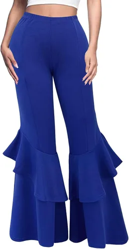 Vista 8 de GUOLEZEEV - Pantalones de cintura alta con volantes estilo flare para mujer, pierna ancha, color liso negro#1