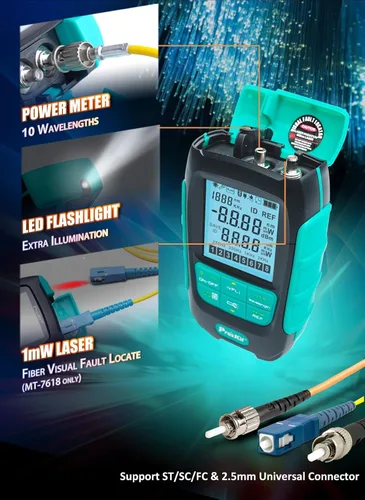 Vista 5 de Pro'sKit Tool Solutions MT-7617 Mini Palm 2 en 1 Medidor de potencia óptica de fibra óptica Medidor de potencia compacto Soporte de 10 longitudes