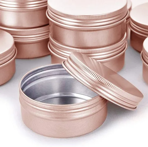 Vista 4 de Tarro de aluminio de 1 oz con tapa de rosca, contenedor recargable para cosméticos, bálsamo labial, crema, oro rosa, 12 unidades. Envases de latas