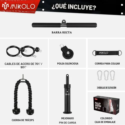 Vista 2 de Mikolo - Sistema fitness para musculación del tren superior, máquina de cable doble (1,8 m y 2,30 m) con pasador de carga mejorado para extensión