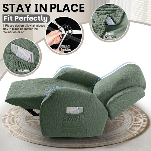 Vista 3 de VANSOFY Fundas para sillas reclinables, 4 piezas, elásticas, de tela jacquard, suave funda para silla reclinable, protector de muebles con parte