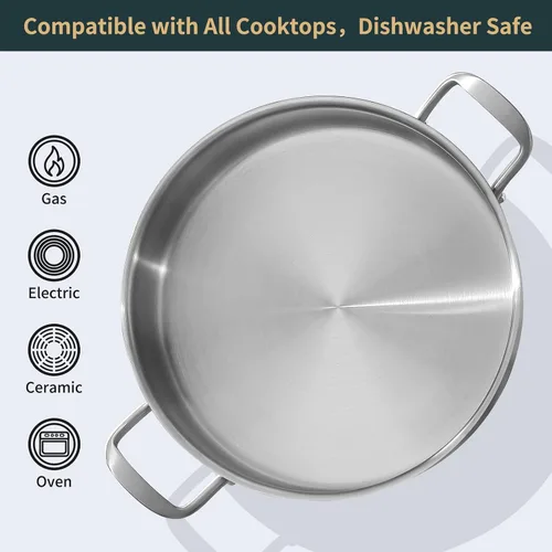 Vista 4 de Yeksum Sartén para saltear con tapa, sartén de acero inoxidable de tres capas de 5 cuartos de galón, sartén profunda de 12 pulgadas con tapa, sartén