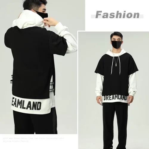 Vista 5 de Covisoty Sudadera con capucha para hombre, con estampado de letras, ropa deportiva, sudadera de manga larga con retazos