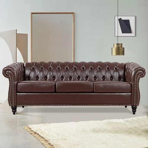 Vista 14 de Chesterfield Sofás para sala de estar, brazo enrollado negro de 3 plazas, cuero sintético de 84 pulgadas, sofá grande con botón profundo con cabeza