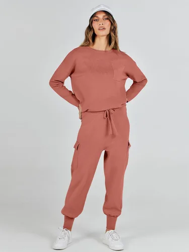 Vista 3 de ANRABESS Conjuntos de dos piezas para mujer, conjuntos de suéter de punto de manga larga, sin botones, pantalones cargo para correr, conjunto a