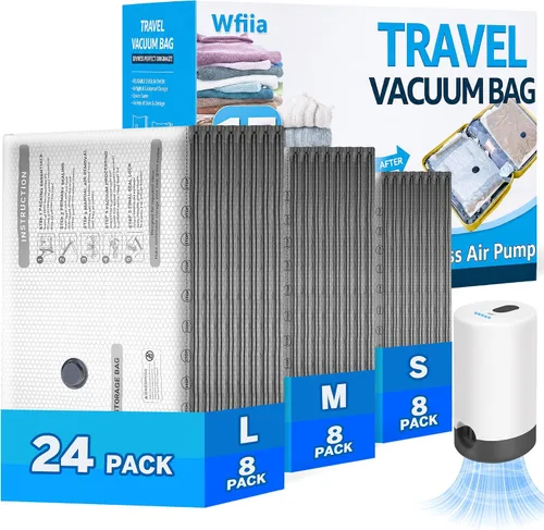 Vista 11 de Bolsas de vacío para viajes con bomba recargable, 3 tamaños de bolsas de sellado al vacío para ropa, bolsas de viaje de compresión al vacío