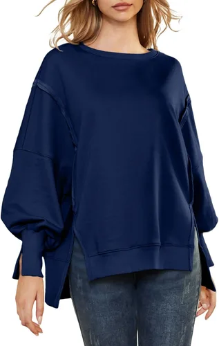 Vista 2 de AUTOMET Sudaderas de gran tamaño para mujer, estilo casual, cuello redondo, manga larga, con abertura, ropa de moda de otoño 2023