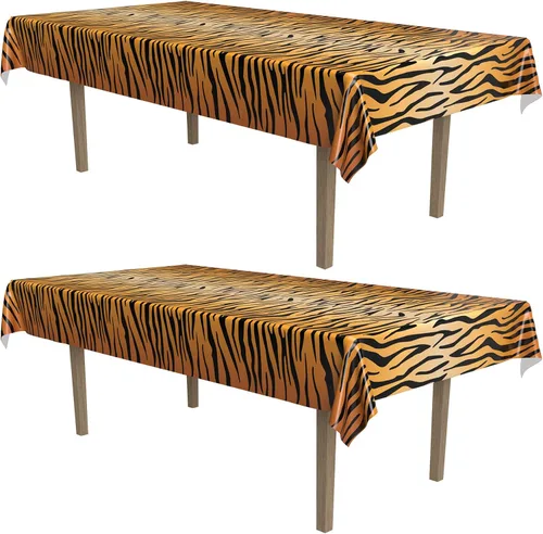 Vista 4 de Beistle Mantel con estampado de cebra, 54 x 108 pulgadas, 2 piezas, mantel de plástico, mantel con estampado de animales, decoraciones temáticas