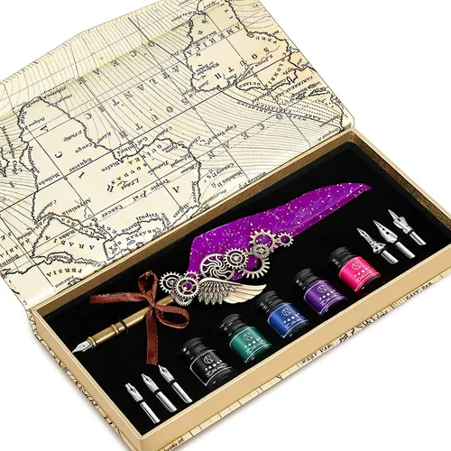 Vista 10 de NC Juego de tinta de plumas, incluye 5 botellas de tinta y 6 puntas reemplazables, bolígrafo mecánico para escribir, letras, diario, firma, Azul