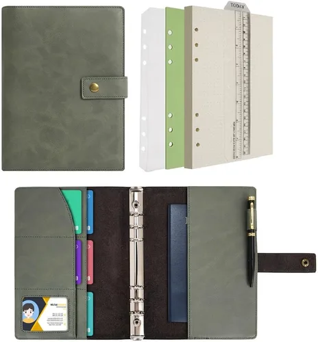 Vista 9 de WONDERPOOL Cuaderno de cuero recargable, cuaderno en espiral, carpeta de carpetas de diario A5 con puntos y bolsillos interiores para viajes, Marrón