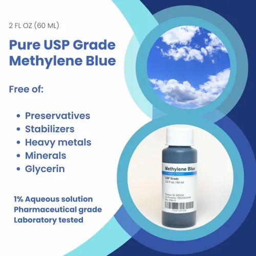 Vista 2 de Azul de metileno 1% grado farmacéutico USP Solución pura líquido mitocondrial potenciador para mejorar la memoria y la cognición, antioxidante