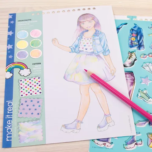 Vista 5 de Cuaderno de bocetos de diseño de moda para niñas – Kit de sueños digital con 110 calcomanías, plantillas, guía de diseño – Moda inspirada en emojis