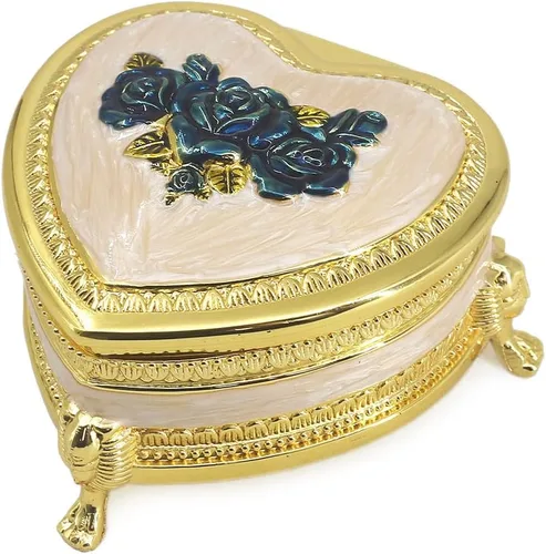 Vista 22 de ROSIKING Caja de música de aleación de metal en relieve en forma de corazón azul, caja musical antigua para joyería con cuerda, regalos