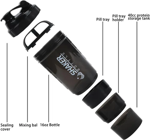Vista 2 de Botella agitadora - Taza agitadora de proteínas con compartimentos de almacenamiento - Botellas de batido para entrenamiento a prueba de fugas