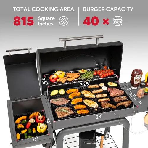 Vista 3 de Feasto - Parrilla de carbón resistente de 30 pulgadas, control digital de temperatura y 2 sondas para carne Outdoor BBQ Grill with Offset Smoker