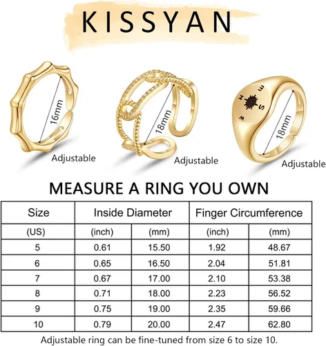 Vista 7 de KissYan Juego de anillos de oro para mujer, chapados en oro de 14 quilates, apilables, abiertos, con sello trenzado, ajustable, delicado, joyería