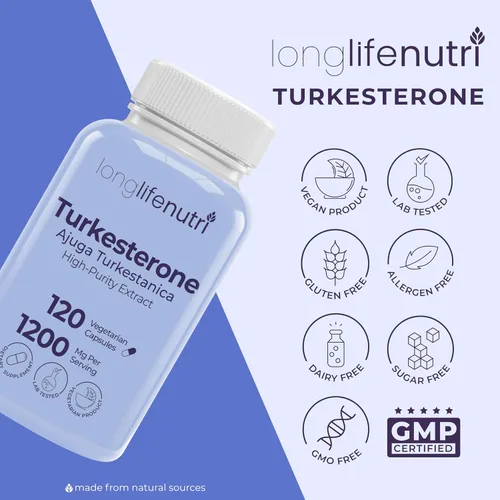 Vista 7 de LongLifeNutri Turkesterone 1200mg - Ajuga Turkestanica de alta pureza para fuerza, recuperación y crecimiento muscular, 120 cápsulas vegetarianas