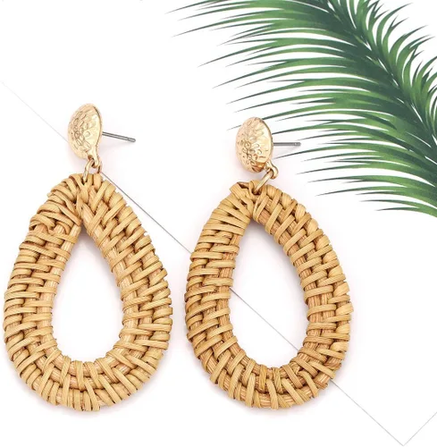 Vista 4 de Aretes de ratán tejido a mano, diseño de disco martillado, ligeros, para mujeres