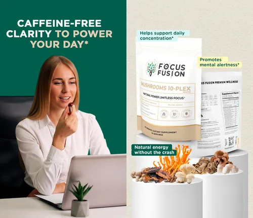 Vista 2 de Focus Fusion Gomitas de hongos 10 Plex Gomitas orgánicas de hongos corporales frutales con melena de león, reishi, cordyceps y chaga Veganas, a