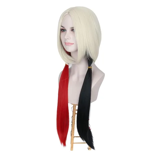 Vista 6 de M MISS U HAIR Missuhair - Peluca larga y lacia color rubio rojo y negro para mujer payaso Halloween cosplay