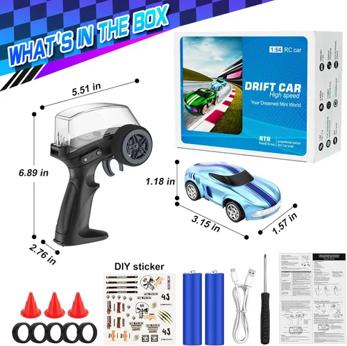 Vista 7 de Auto de Deriva RC, 1/64 Mini Autos RC de Deriva 4WD Micro Auto de Control Remoto con Luces LED e Interruptor de Velocidad, Juguetes de Autos Ideales
