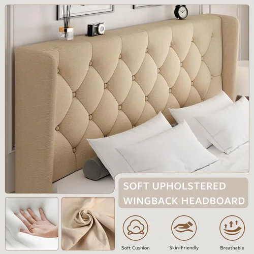 Vista 3 de iPormis - Base de cama tapizada de tamaño completo con cabecera capitonada con botones, base de cama tapizada con listones de madera sólidos, 20 cm