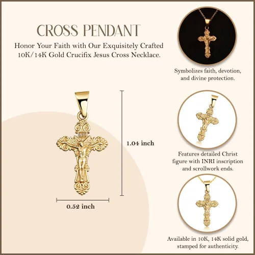 Vista 4 de 10K/14K Yellow, Rose, or White Gold 1" Floral INRI Crucifix Jesus Cross Necklace A. Oro amarillo