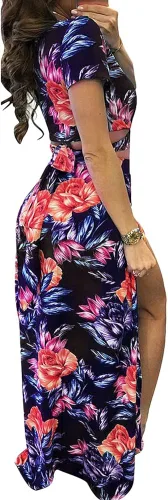 Vista 3 de Aro Lora Vestido largo de dos piezas con cuello en V abierto al costado y estampado floral para mujer