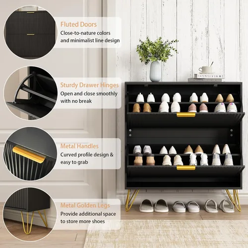 Vista 4 de Cómoda para zapatos con 2 cajones abatibles, cómodas de almacenamiento para zapatos estilizadas en negro, armario oculto para zapatos para entrada