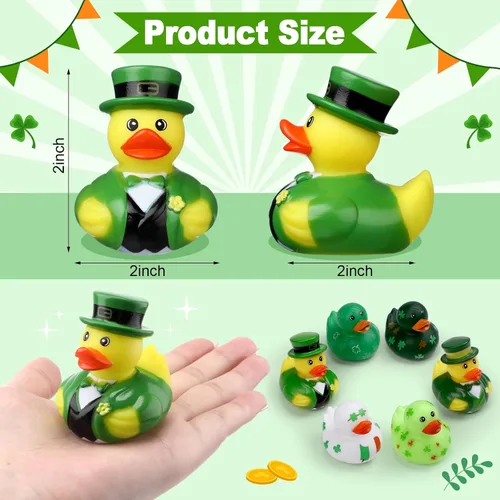 Vista 2 de Jerify 12 patos de goma para el día de San Patricio, 6 estilos, patos de trébol para baño, piscina, cumpleaños, regalos irlandeses del día de San