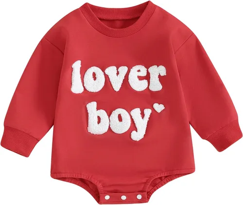 Vista 23 de SOLILOQUY Traje de manga larga con cuello redondo para el primer día de San Valentín para bebé niño y niña, mameluco de corazón de amor