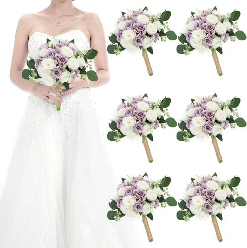 Vista 17 de Ramos para dama de honor para boda - Ramo de flores artificiales de 7 pulgadas para fiesta, ceremonia, aniversario, centros de mesa para mesa de Azul