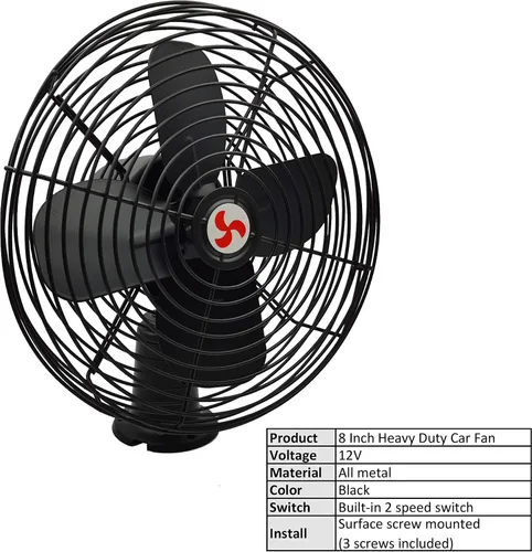 Vista 2 de Ventilador de metal resistente de 12 V, aspas de ventilador de 8 pulgadas con acabado negro e interruptor de 2 velocidades, ventilador eléctrico