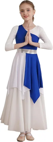 Vista 3 de YOOJOO Túnica de baile de alabanza asimétrica para niñas, vestido de baile lírico litúrgico de alabanza de bloque