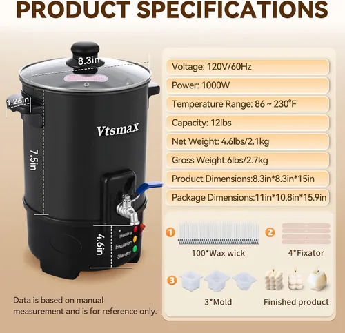 Vista 6 de Derretidor eléctrico de cera de vela para la fabricación de velas, uso doméstico y comercial 12 lb Capacity Melts Wax Evenly. Adjustable