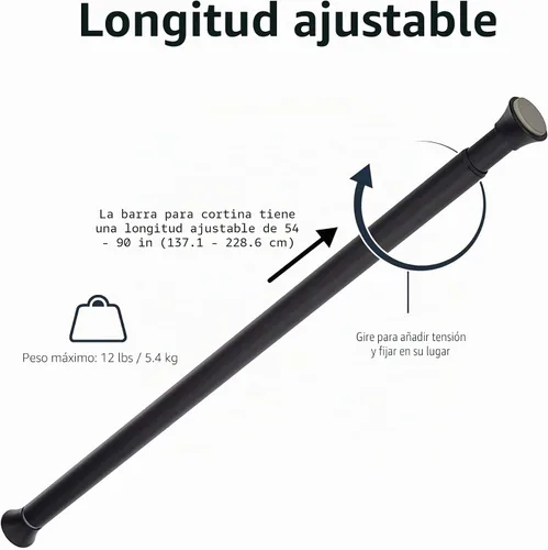 Vista 3 de Amazon Basics Barra de cortina de tensión de resorte resistente ajustable, sin perforación/sin agujeros, 54-90 pulgadas, negro, remate clásico