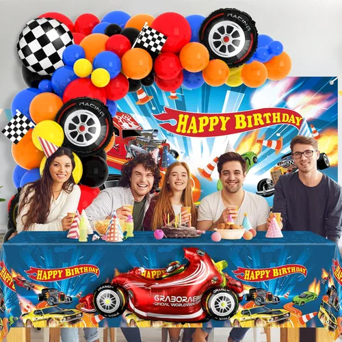 Vista 6 de 134 piezas de suministros de fiesta de cumpleaños de coches de carreras, guirnalda de globos, kit de arco de telón de fondo, mantel de camión
