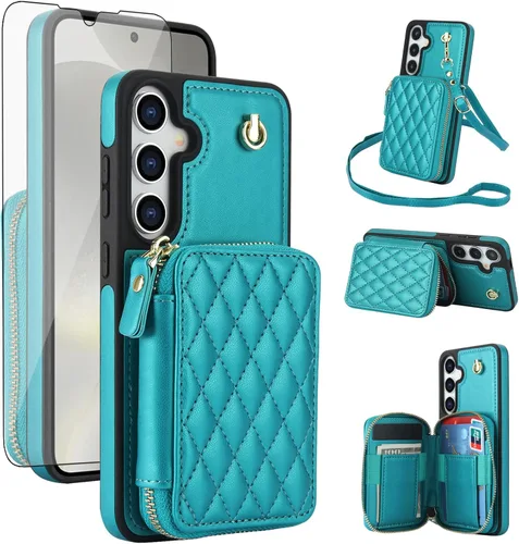 Vista 10 de Asuwish Funda de teléfono para Samsung Galaxy S25 5G Wallet Cell Cover con protector de pantalla de vidrio templado, correa cruzada de muñeca