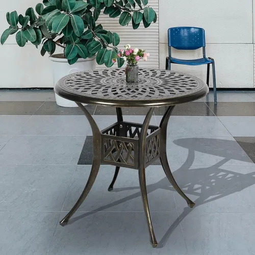 Vista 9 de Mesa de comedor al aire libre de 30.5 pulgadas, cuadrada, para patio, mesa de bistró, de aluminio fundido de bronce, mesa grande rústica con agujero