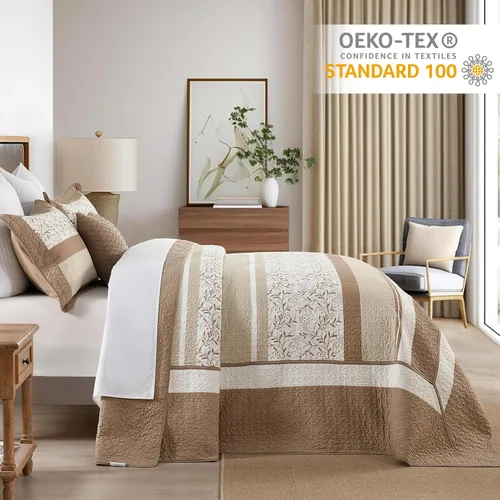 Vista 3 de Finlonte - Juego de cama de 3 piezas con edredón/cubrecama acolchado tamaño queen, 100% algodón, 260x305 cm, a cuadros florales de granja