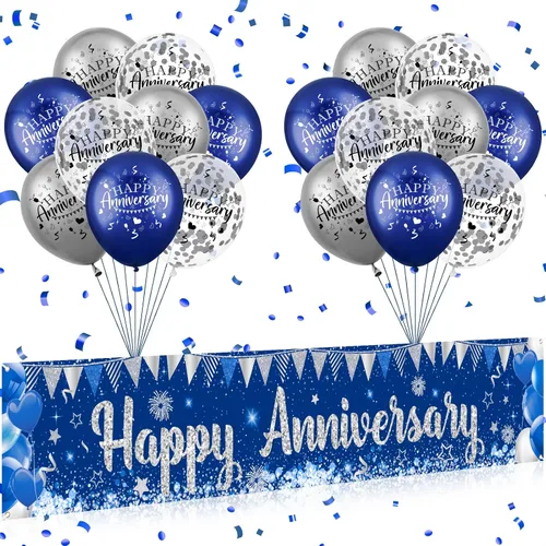 Vista 8 de Decoraciones azules plateadas para el 25 aniversario para hombres y mujeres, pancarta azul feliz 25 aniversario y 18 globos para suministros
